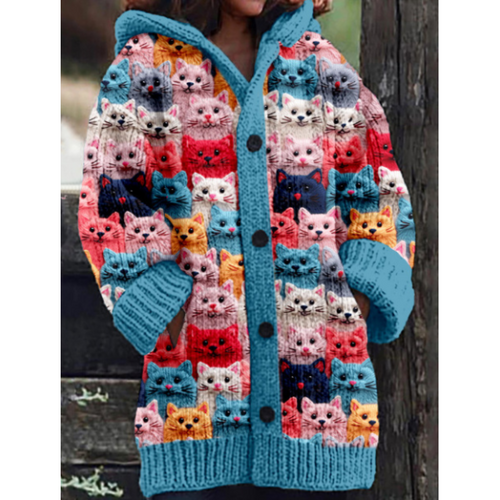 Cardigan Oversize En Maille À Imprimé Chat Pour Femme | Avec Capuche