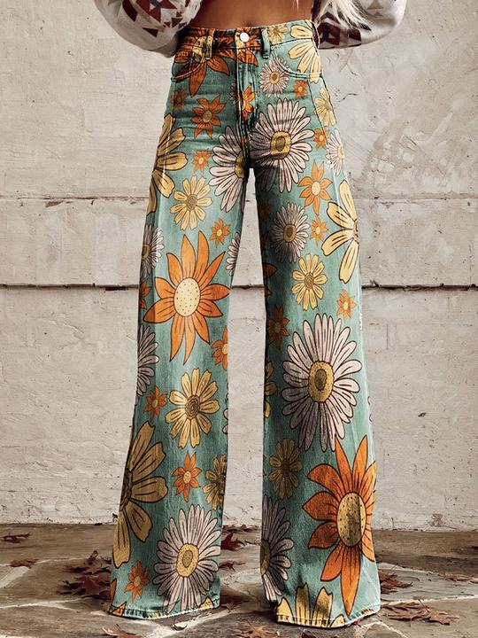 Jean Large En Denim Fleuri Multicolore | Avec Poche