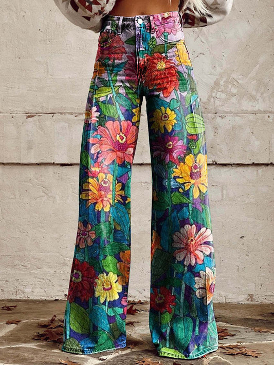 Jean Large En Denim Fleuri Multicolore | Avec Poche