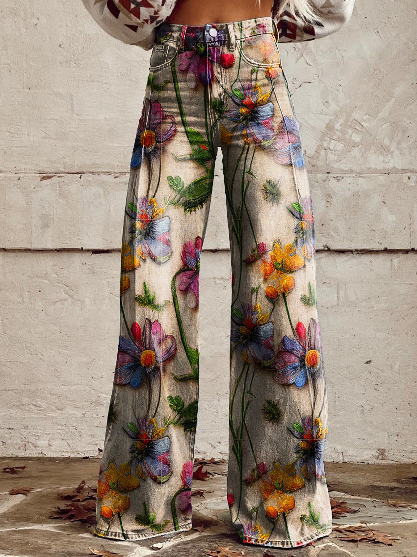 Jean Large En Denim Fleuri Multicolore | Avec Poche