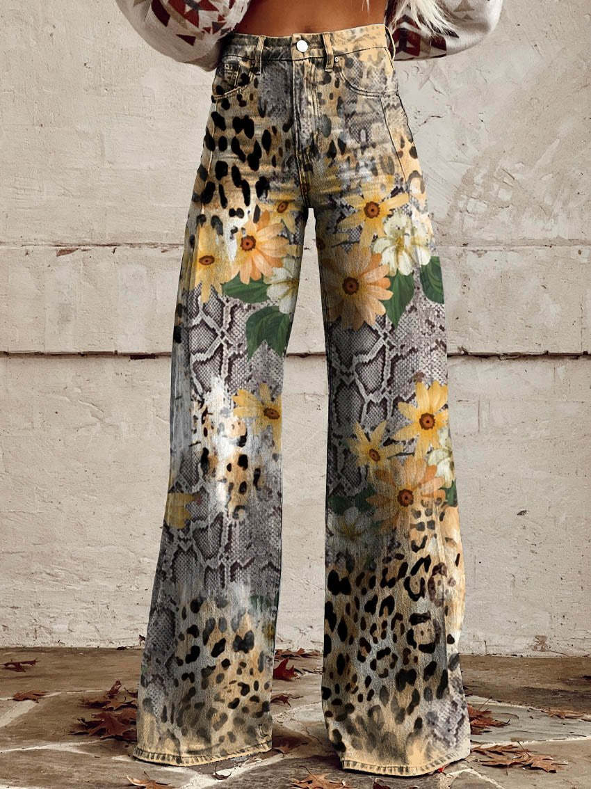 Jean Large En Denim Fleuri Multicolore | Avec Poche