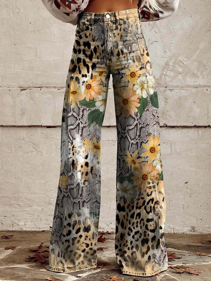 Jean Large En Denim Fleuri Multicolore | Avec Poche
