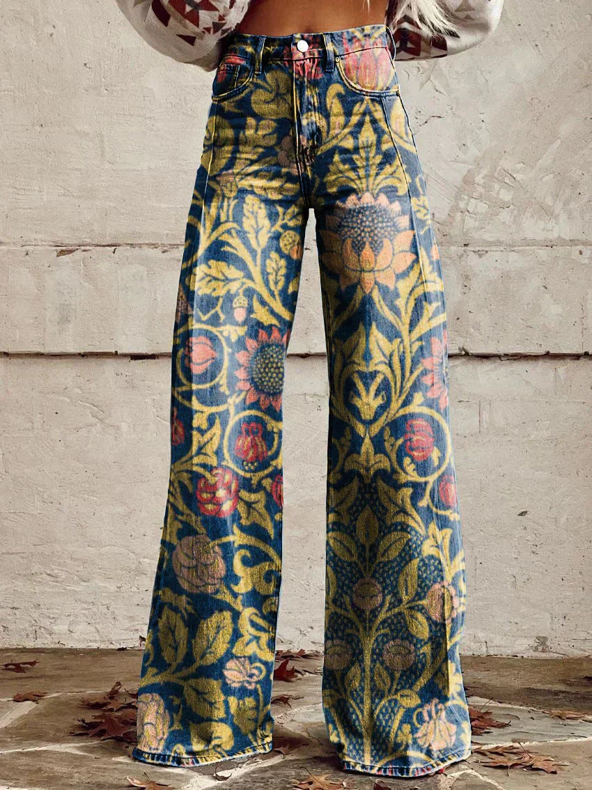 Jean Large En Denim Fleuri Multicolore | Avec Poche