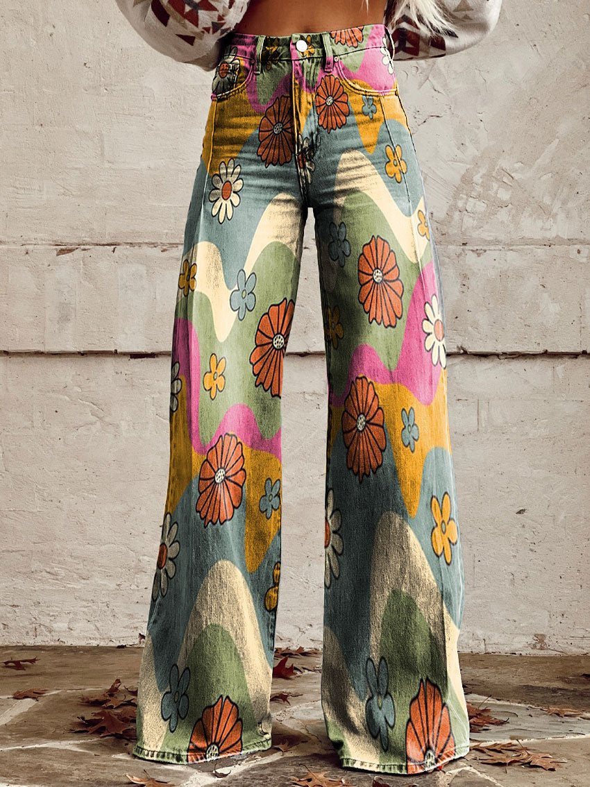 Jean Large En Denim Fleuri Multicolore | Avec Poche