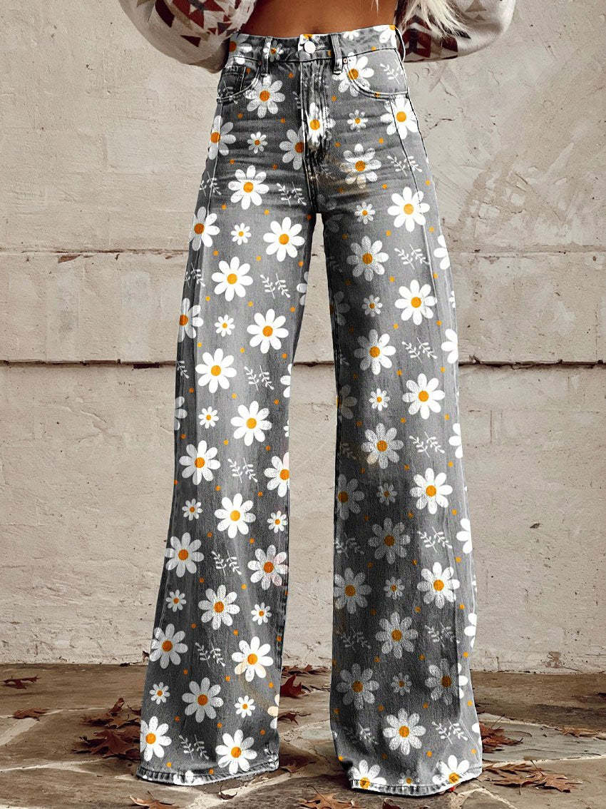 Jean Large En Denim Fleuri Multicolore | Avec Poche