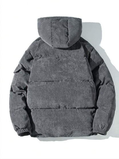 Veste Doudoune En Velours Côtelé Grise Pour Homme Avec Capuche | Hiver