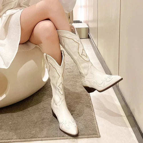 Bottes De Cowboy Mi-mollet Décontractées Pour Femme Pour L'hiver | Bout Pointu