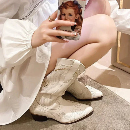 Bottes De Cowboy Mi-mollet Décontractées Pour Femme Pour L'hiver | Bout Pointu