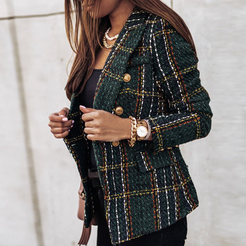 Blazer Moderne En Tweed À Carreaux Pour Femme | Poches Plaquées