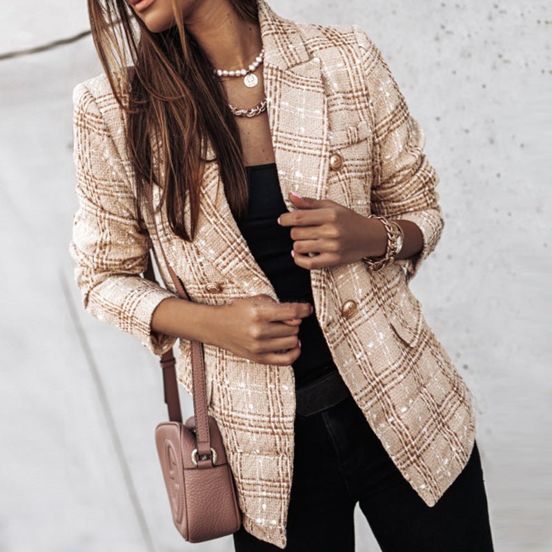 Blazer Moderne En Tweed À Carreaux Pour Femme | Poches Plaquées
