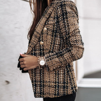 Blazer Moderne En Tweed À Carreaux Pour Femme | Poches Plaquées