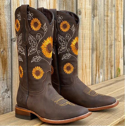 Bottes De Cowboy Brodées Tournesols Pour Femme | Talon Carré